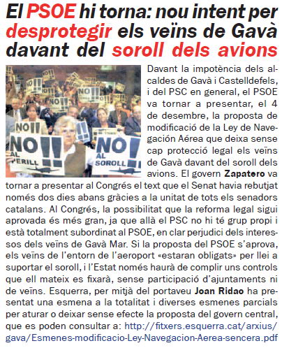 Notcia publicada al nmero 77 de la publicaci L'Erampruny sobre l'intent del Govern espanyol del PSOE per modificar la Llei de Navegaci Aria (Gener 2010)